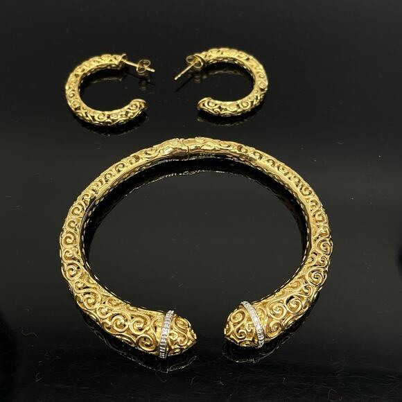 Ross Simons Sterling Silver Gold Vermeil Filigree Scrolls Earrings & Bracelet 7"